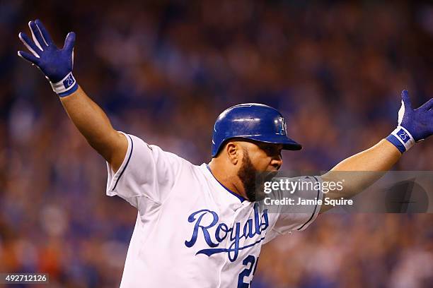 Kendrys Morales of the Kansas City Royals reacts after hitting a three-run home run in the eighth inning against the Houston Astros during game five...