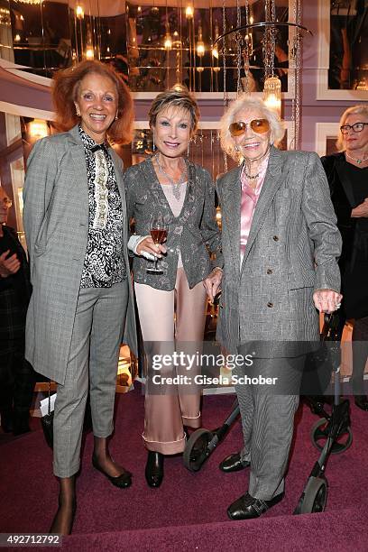 Marina Meggle and her mother Gertrud Ponater and Dr. Antje-Katrin Kuehnemann during the Talbot Runhof flagship boutique opening at Preysing Palais on...