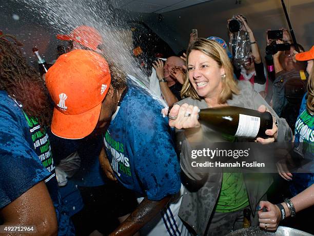 Head coach Cheryl Reeve of the Minnesota Lynx celebrates a win in Game Five of the 2015 WNBA Finals against the Indiana Fever on October 14, 2015 at...