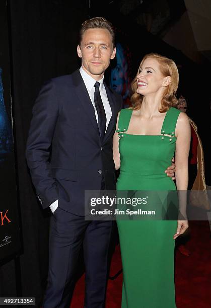 Actors Tom Hiddleston and Jessica Chastain attend the "Crimson Peak" New York premiere at AMC Loews Lincoln Square on October 14, 2015 in New York...