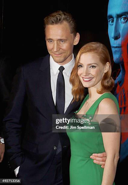 Actors Tom Hiddleston and Jessica Chastain attend the "Crimson Peak" New York premiere at AMC Loews Lincoln Square on October 14, 2015 in New York...