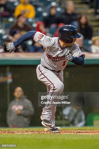 Sam Fuld of the Minnesota Twins hits a double to left field during the sixth inning against the Cleveland Indians at Progressive Field on May 5, 2014...