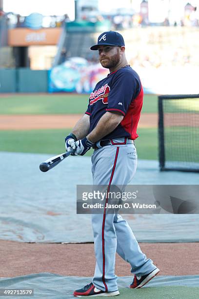 Ryan Doumit of the Atlanta Braves swings a bat during batting practice before the game against the San Francisco Giants at AT&T Park on May 13, 2014...