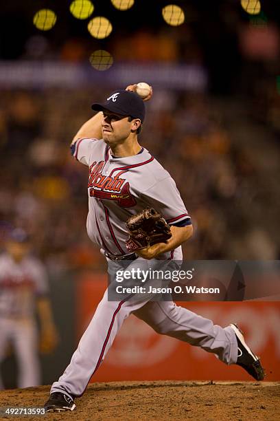 David Hale of the Atlanta Braves pitches against the San Francisco Giants during the ninth inning at AT&T Park on May 13, 2014 in San Francisco,...