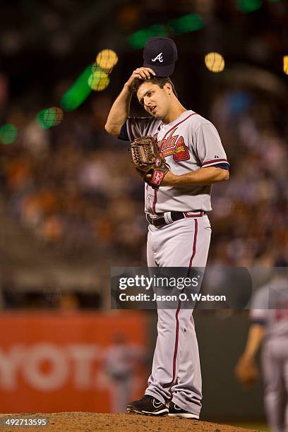 David Hale of the Atlanta Braves stands on the pitchers mound against the San Francisco Giants during the ninth inning at AT&T Park on May 13, 2014...