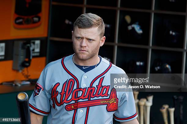 Tyler Pastornicky of the Atlanta Braves stands in the dugout before the game against the San Francisco Giants at AT&T Park on May 13, 2014 in San...