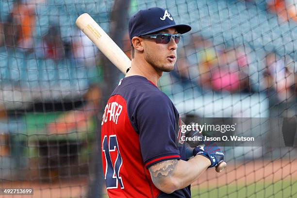 Jordan Schafer of the Atlanta Braves looks on during batting practice before the game against the San Francisco Giants at AT&T Park on May 13, 2014...