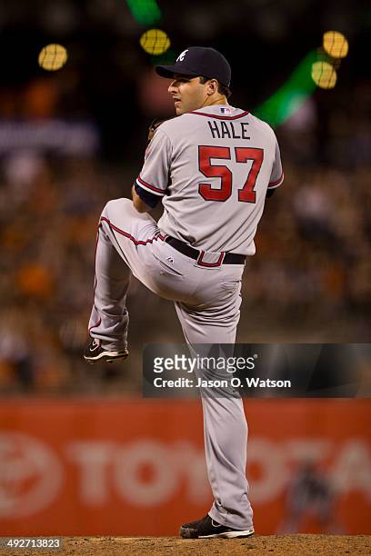 David Hale of the Atlanta Braves pitches against the San Francisco Giants during the ninth inning at AT&T Park on May 13, 2014 in San Francisco,...