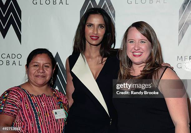 Delia Mendoza, Padma Lakshmi and Ruth DeGolia attend the 2015 Mercado Global Fashion Forward Gala at The Bowery Hotel on October 14, 2015 in New York...