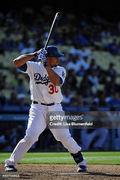 Miguel Olivo of the Los Angeles Dodgers bats against the San Francisco Giants at Dodger Stadium on May 11, 2014 in Los Angeles, California.