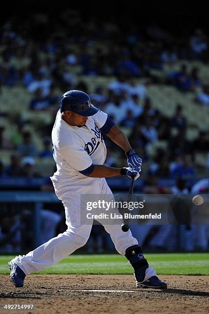 Miguel Olivo of the Los Angeles Dodgers bats against the San Francisco Giants at Dodger Stadium on May 11, 2014 in Los Angeles, California.