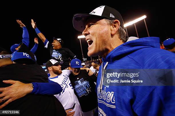 Manager Ned Yost of the Kansas City Royals celebrates after the Kansas City Royals defeat the Houston Astros 7-2 in game five of the American League...