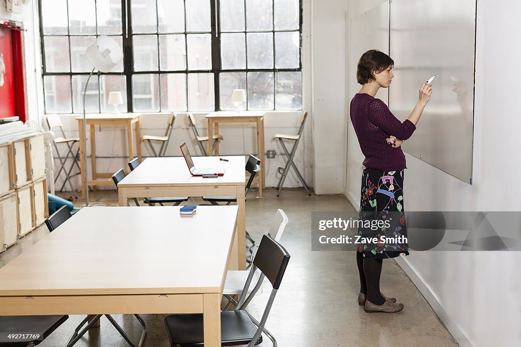 Young female designer drawing on whiteboard in design studio