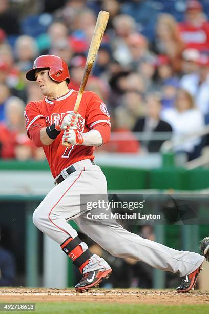 Collin Cowgill of the Los Angeles Angels takes a swing during a baseball game against the Washington Nationals on April 23, 2014 at Nationals Park in...