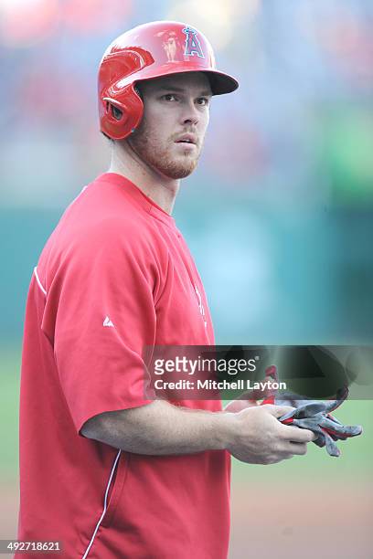 Brennan Boesch of the Los Angeles Angels looks on before a baseball game against the Washington Nationals on April 23, 2014 at Nationals Park in...