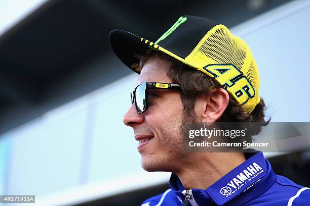 Valentino Rossi of Movistar Yamaha MotoGP and Italy meets race officials at the back of the pits ahead of the 2015 MotoGP of Australia at Phillip...