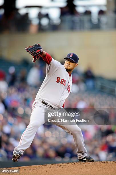 Felix Doubront of the Boston Red Sox delivers a pitch against the Minnesota Twins during the game on May 14, 2014 at Target Field in Minneapolis,...