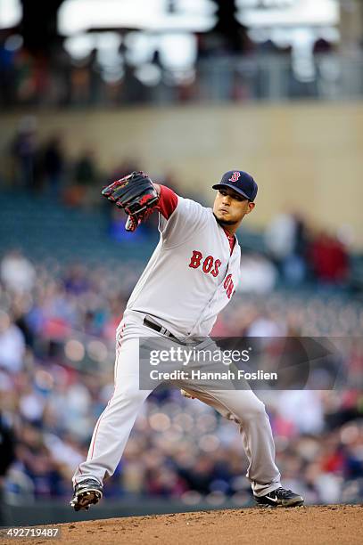 Felix Doubront of the Boston Red Sox delivers a pitch against the Minnesota Twins during the game on May 14, 2014 at Target Field in Minneapolis,...