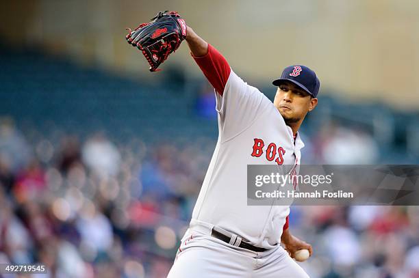 Felix Doubront of the Boston Red Sox delivers a pitch against the Minnesota Twins during the game on May 14, 2014 at Target Field in Minneapolis,...