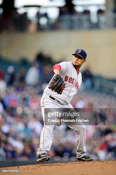 Felix Doubront of the Boston Red Sox delivers a pitch against the Minnesota Twins during the game on May 14, 2014 at Target Field in Minneapolis,...