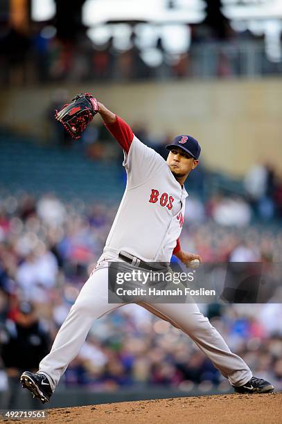 Felix Doubront of the Boston Red Sox delivers a pitch against the Minnesota Twins during the game on May 14, 2014 at Target Field in Minneapolis,...