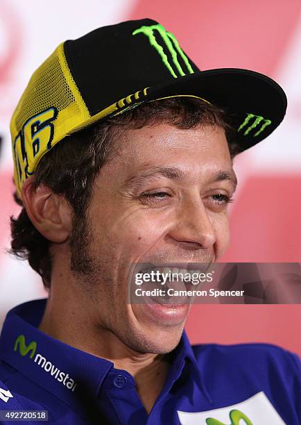 Valentino Rossi of Movistar Yamaha MotoGP and Italy talks during a MotoGP press conference ahead of the 2015 MotoGP of Australia at Phillip Island...