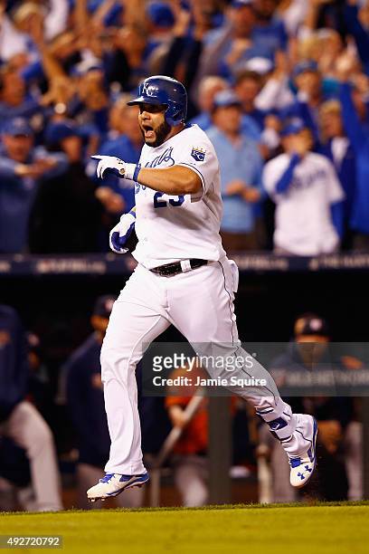 Kendrys Morales of the Kansas City Royals runs the bases after hitting a three-run home run in the eighth inning against the Houston Astros during...