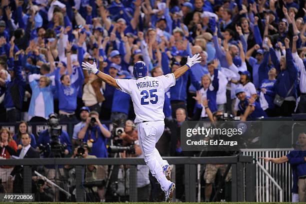 Kendrys Morales of the Kansas City Royals runs the bases after hitting a three-run home run in the eighth inning against the Houston Astros during...