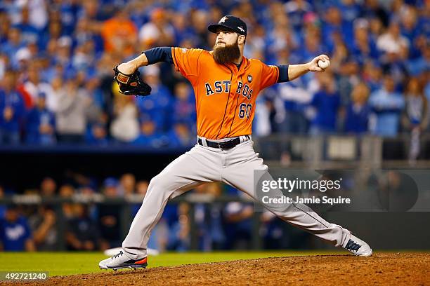 Dallas Keuchel of the Houston Astros throws a pitch in the eighth inning against the Kansas City Royals during game five of the American League...