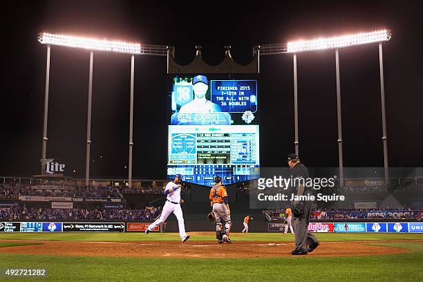 Alex Rios of the Kansas City Royals scores a run in the fifth inning against the Houston Astros during game five of the American League Divison...