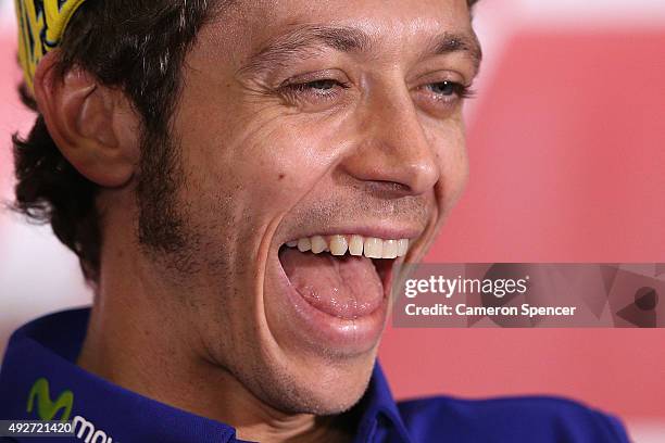 Valentino Rossi of Movistar Yamaha MotoGP and Italy laughs during a MotoGP press conference ahead of the 2015 MotoGP of Australia at Phillip Island...