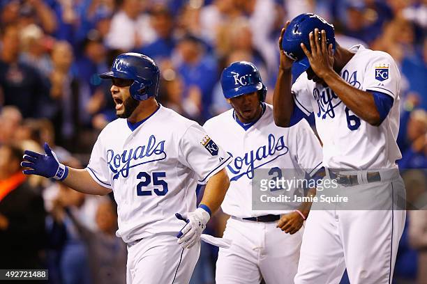 Kendrys Morales of the Kansas City Royals celebrates after hitting a three-run home run in the eighth inning against the Houston Astros during game...