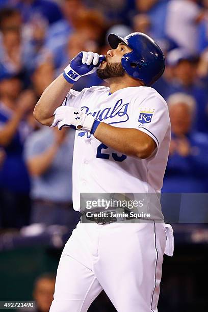 Kendrys Morales of the Kansas City Royals celebrates after hitting a three-run home run in the eighth inning against the Houston Astros during game...