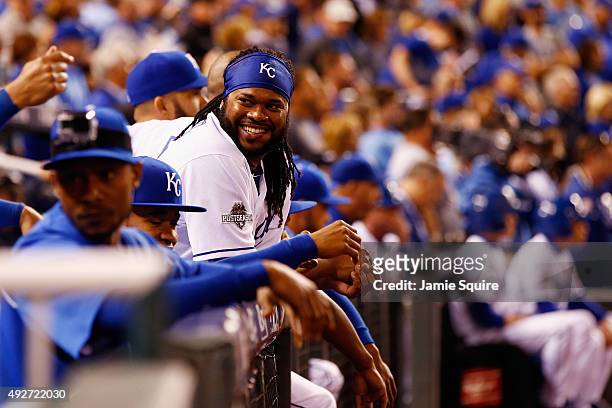 Johnny Cueto of the Kansas City Royals looks on from the dugout during game five of the American League Divison Series between the Kansas City Royals...
