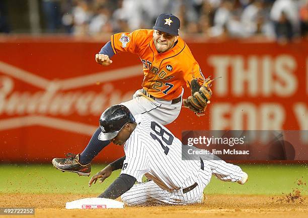 Jose Altuve of the Houston Astros in action against Didi Gregorius of the New York Yankees during the American League Wild Card Game at Yankee...