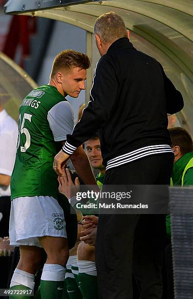 Double goal scorer Jason Cummings , is congratulated by manager Terry Butcher after the 2-0 victory over Hamilton Academical during the Scottish...