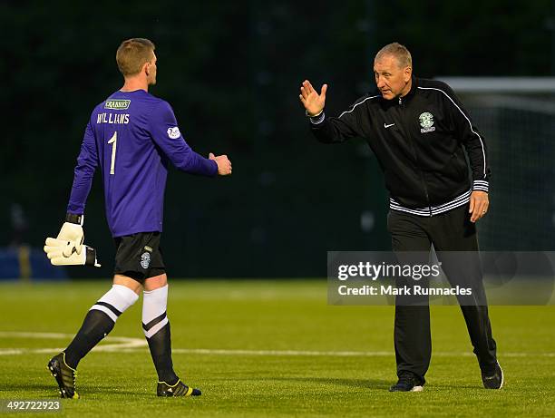 Hibernian manager Terry Butcher congratulates Hibs goalkeeper Ben Williamson after the 2-0 victory over Hamilton Academical during the Scottish...