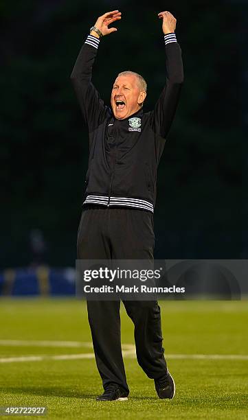 Hibernian manager Terry Butcher celebrates after his team beat Hamilton Academical 2-0 during the Scottish Premiership Play-off Final First Leg,...