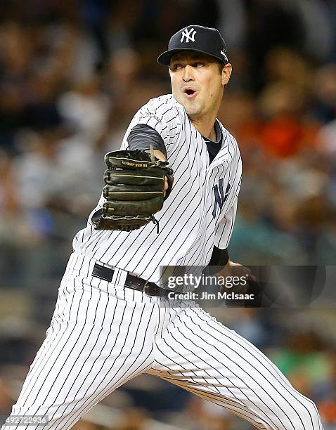 Andrew Miller of the New York Yankees in action against the Houston Astros during the American League Wild Card Game at Yankee Stadium on October 6,...