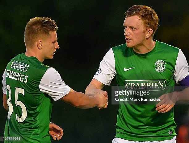 Double goal scorer Jason Cummings , is congratulated by team mate Liam Craig after the 2-0 victory over Hamilton Academical during the Scottish...