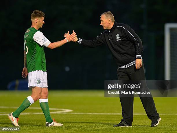 Hibernian manager Terry Butcher congratulates Michael Nelson of Hibernian after the 2-0 victory over Hamilton Academical during the Scottish...