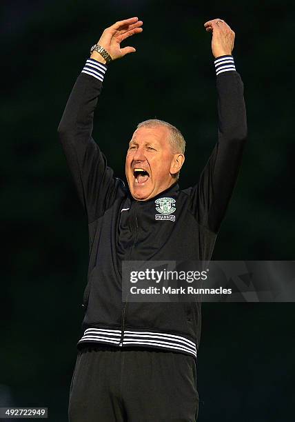 Hibernian manager Terry Butcher celebrates after his team beat Hamilton Academical 2-0 during the Scottish Premiership Play-off Final First Leg,...