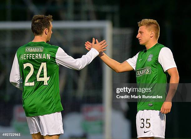 Double goal scorer Jason Cummings , is congratulated by team mate Paul Heffernan after the 2-0 victory over Hamilton Academical during the Scottish...