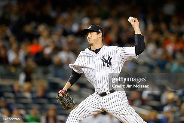 Andrew Miller of the New York Yankees in action against the Houston Astros during the American League Wild Card Game at Yankee Stadium on October 6,...