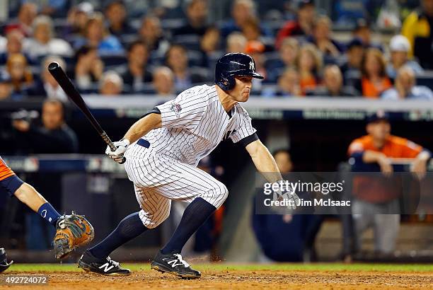 Brett Gardner of the New York Yankees in action against the Houston Astros during the American League Wild Card Game at Yankee Stadium on October 6,...