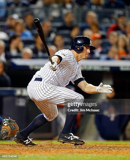 Brett Gardner of the New York Yankees in action against the Houston Astros during the American League Wild Card Game at Yankee Stadium on October 6,...
