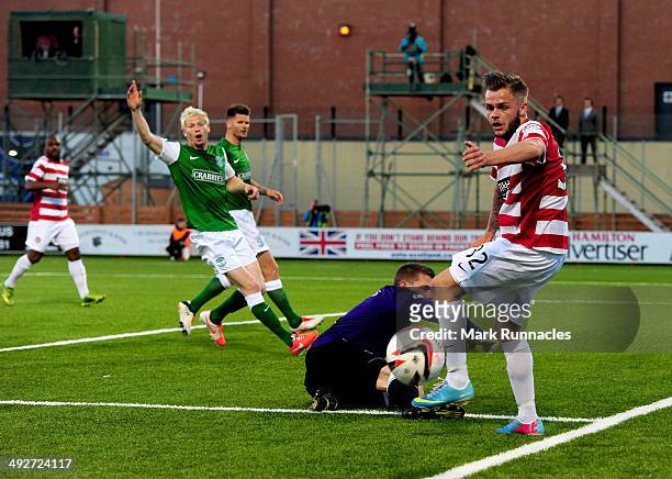 Ben Williams of Hibernian makes a crucial save from Andy Ryan of Hamilton during the 2-0 victory over Hamilton Academical in the Scottish Premiership...