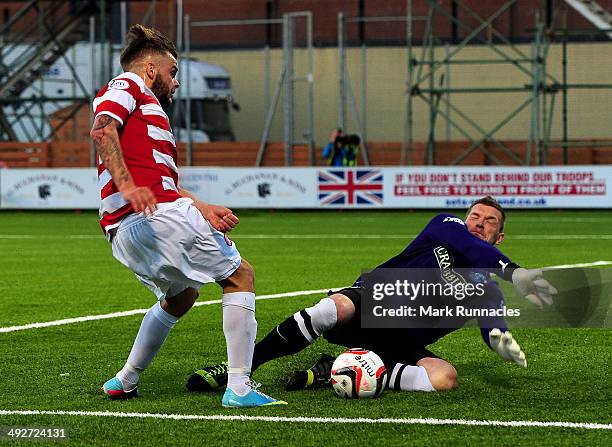 Ben Williams of Hibernian makes a crucial save from Andy Ryan of Hamilton during the 2-0 victory over Hamilton Academical in the Scottish Premiership...