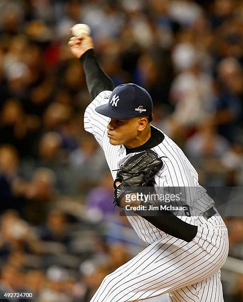 Dellin Betances of the New York Yankees in action against the Houston Astros during the American League Wild Card Game at Yankee Stadium on October...