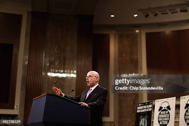 Rep. Henry Waxman participates in a 'Wake Up Congress for Climate Action Rally' in the Dirksen Senate Office Building on Capitol Hill May 21, 2014 in...